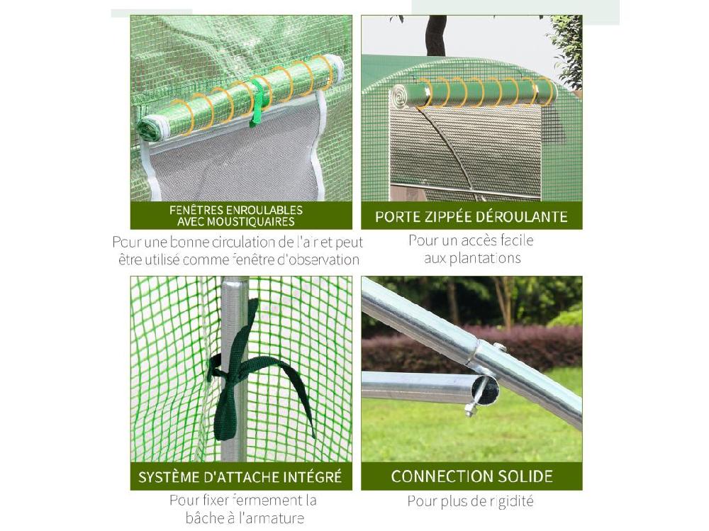Vente Unique Serre De Jardin Tunnel 18 M² Dim. 6L X 3l X 2H M - 8 Fenêtres Porte Zippée Enroulable - Châssis Tubulaire Acier Galvanisé Bâche PE Haute Densité Vert