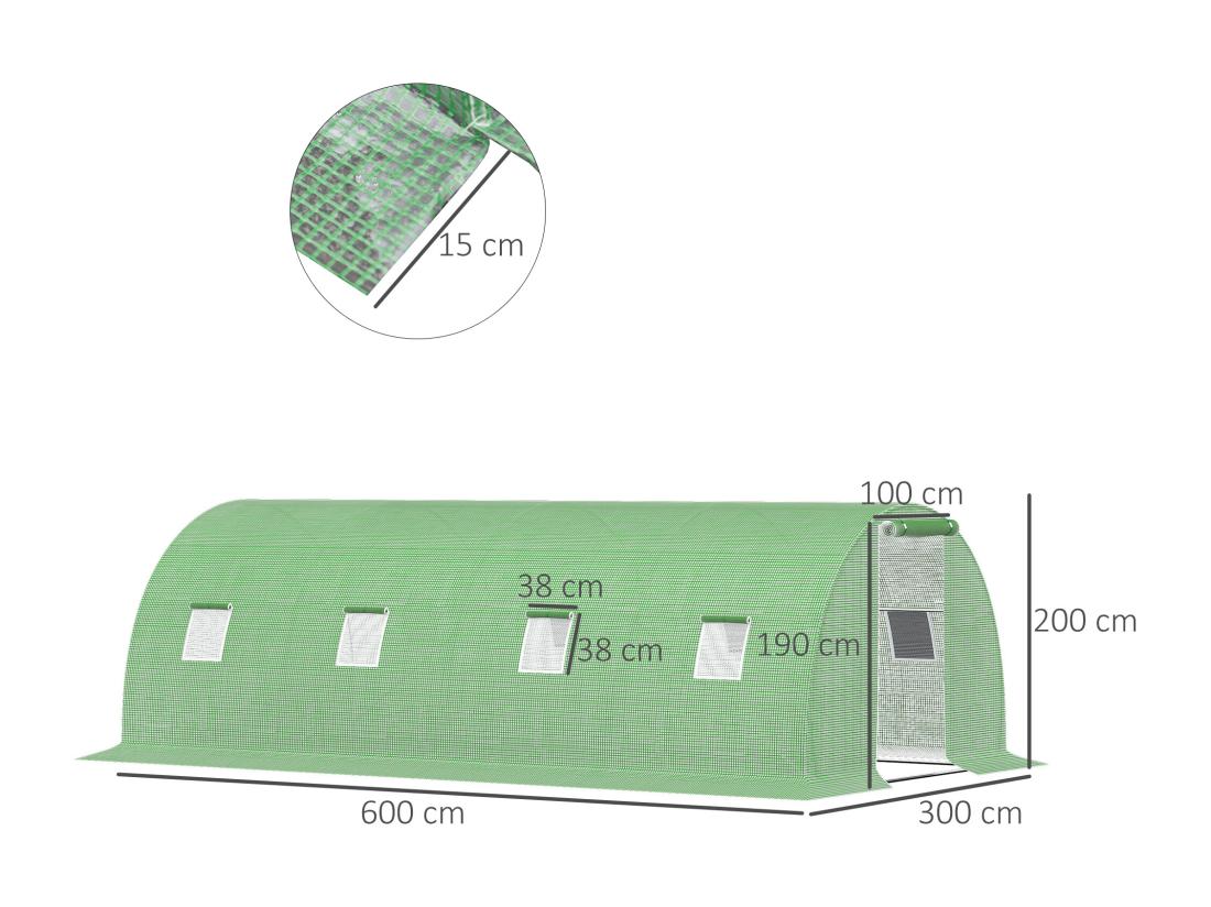 Vente Unique Serre De Jardin Tunnel 18 M² Dim. 6L X 3l X 2H M - 8 Fenêtres Porte Zippée Enroulable - Châssis Tubulaire Acier Galvanisé Bâche PE Haute Densité Vert