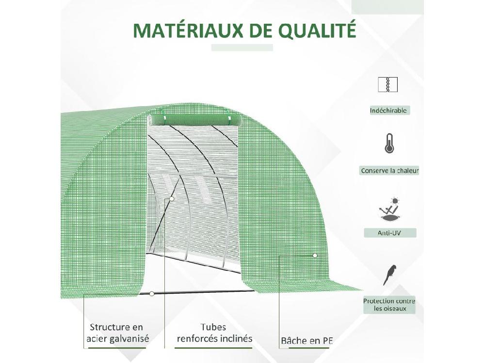 vente unique Serre de jardin tunnel 18 m² dim. 6L x 3l x 2H m - 8 fenêtres porte zippée enroulable - châssis tubulaire acier galvanisé bâche PE haute densité vert