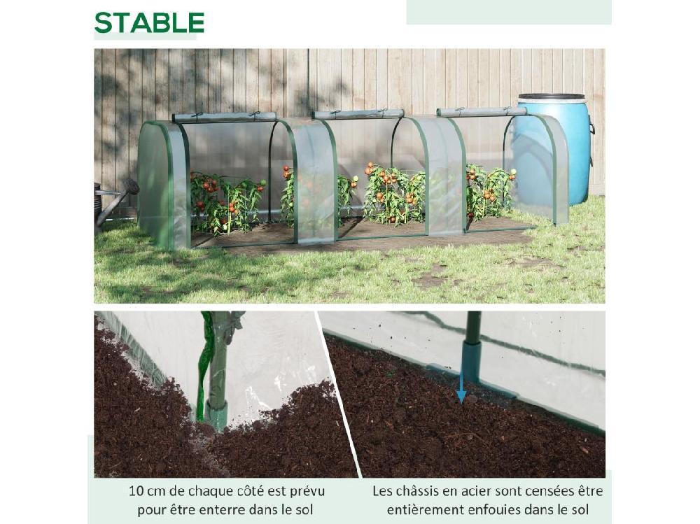 Vente Unique Serre De Jardin Tunnel 2 95L X 1l X 0 8H M 3 Portes Zippées Bâche PVC Transparent Métal époxy Vert