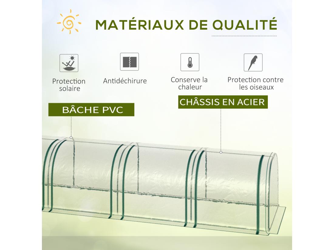 Vente Unique Serre De Jardin Tunnel 2 95L X 1l X 0 8H M 3 Portes Zippées Bâche PVC Transparent Métal époxy Vert