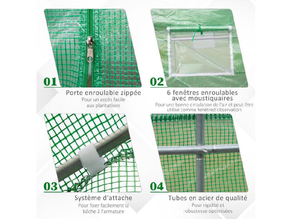 Vente Unique Serre De Jardin Tunnel 4 5L X 2l X 2H M Châssis Tubulaire Acier Galvanisé Renforcé 1 8 Cm 6 Fenêtres 1 Porte Vert