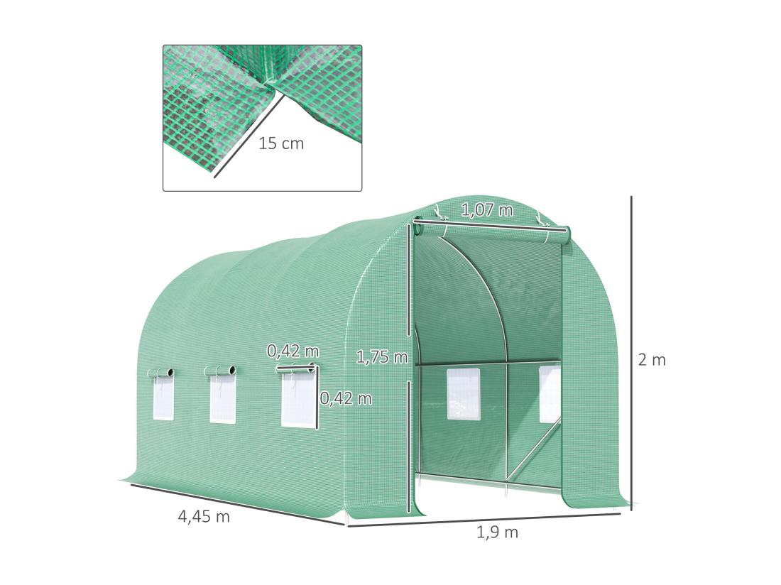 Vente Unique Serre De Jardin Tunnel 4 5L X 2l X 2H M Châssis Tubulaire Acier Galvanisé Renforcé 1 8 Cm 6 Fenêtres 1 Porte Vert