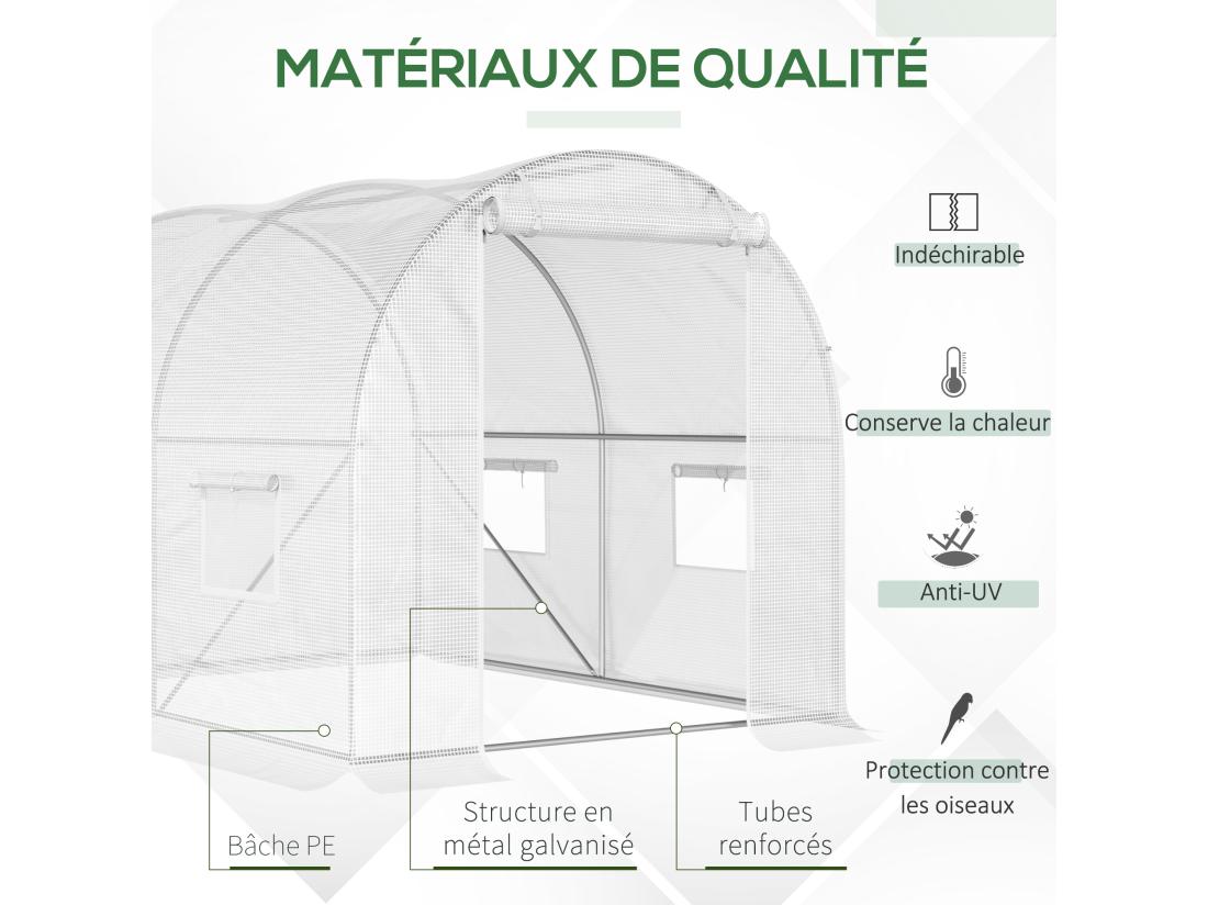 Vente Unique Serre De Jardin Tunnel 6 M² 3L X 2l X 1 9H M Acier Galvanisé Renforcé Diamètre 2 4 Cm + PE Haute Densité Fenêtres Porte Blanc