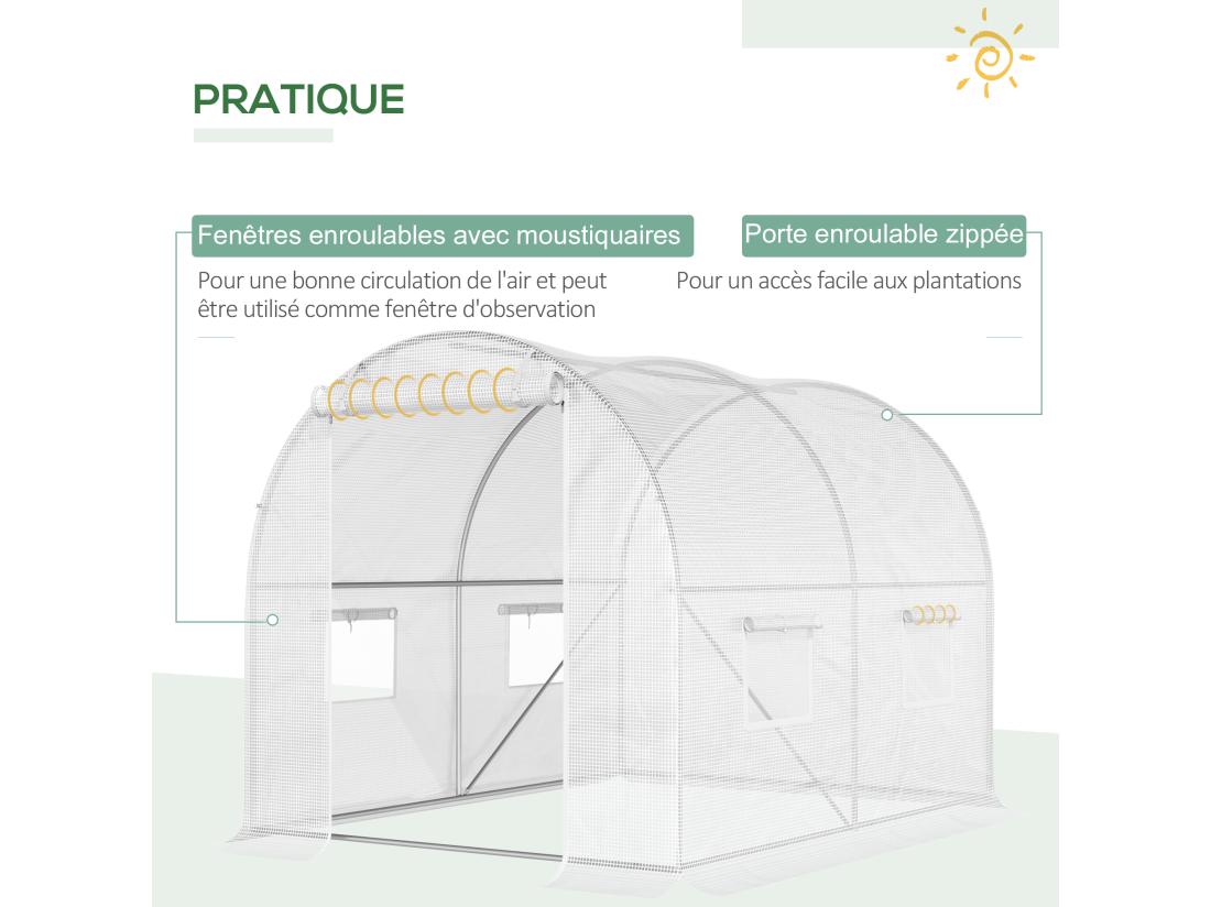 Vente Unique Serre De Jardin Tunnel 6 M² 3L X 2l X 1 9H M Acier Galvanisé Renforcé Diamètre 2 4 Cm + PE Haute Densité Fenêtres Porte Blanc
