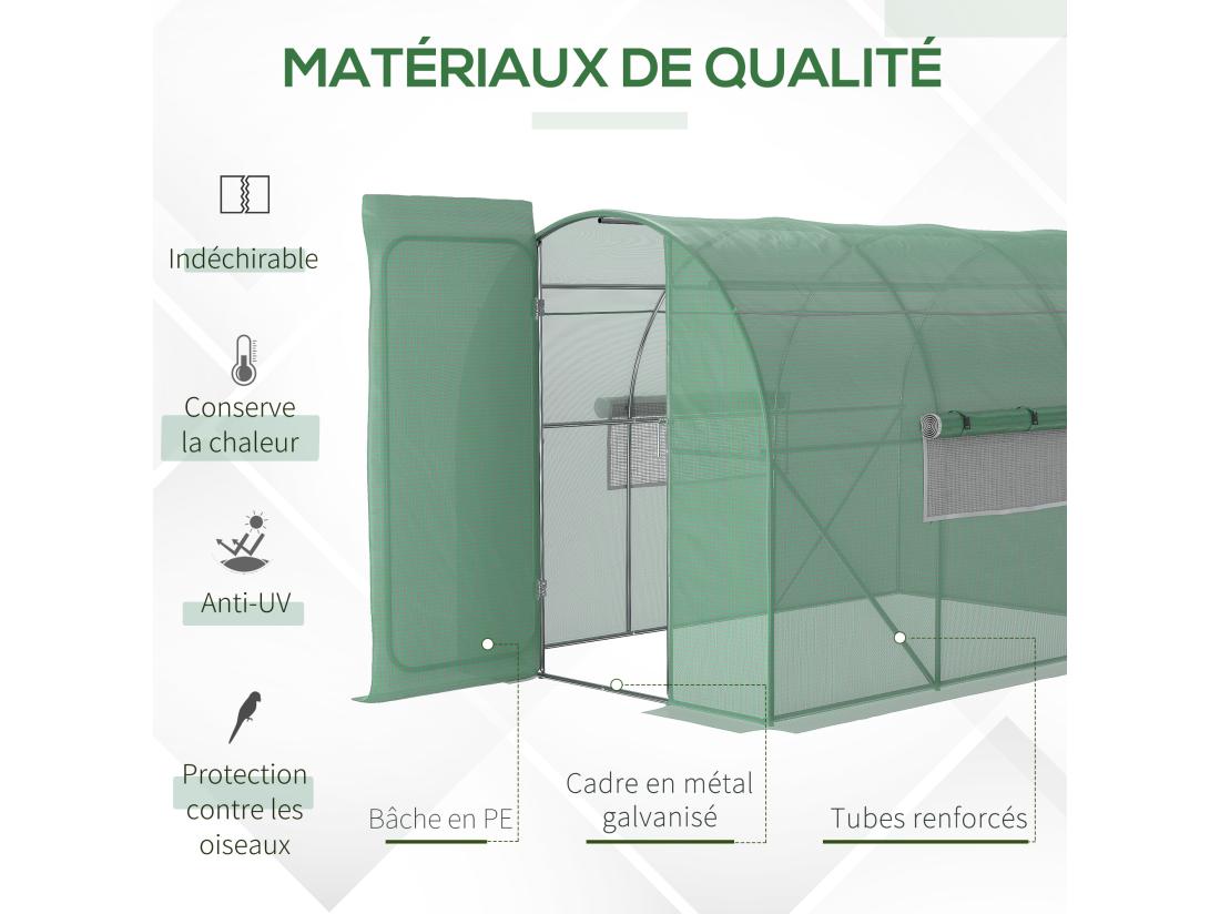 Vente Unique Serre De Jardin Tunnel 6 M² Acier Galvanisé Renforcé Diamètre 2 5 Cm + PE Haute Densité Fenêtres Porte Vert