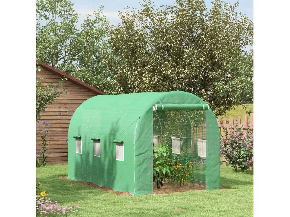 Vente Unique Serre De Jardin Tunnel Surface Sol 8 M² 4L X 2l X 2 05H M Châssis Tubulaire Renforcé Porte Zippée 6 Fenêtres Enroulables Vert