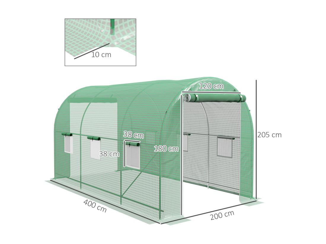 vente unique Serre de jardin tunnel surface sol 8 m² 4L x 2l x 2 05H m châssis tubulaire renforcé porte zippée 6 fenêtres enroulables vert