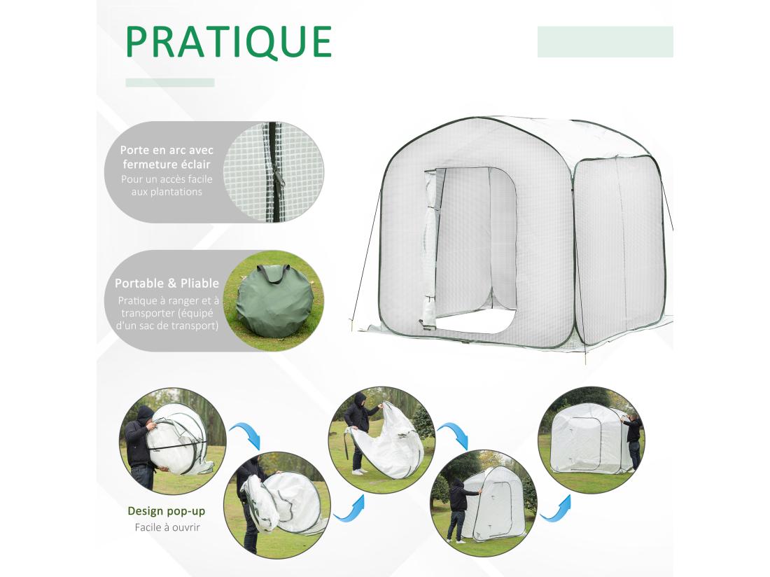 vente unique Serre pop-up - serre de jardin pop-up - porte zippée enroulable - dim. 2 08L x 2 08l x 1 95H m - sac transport inclus - PE blanc vert