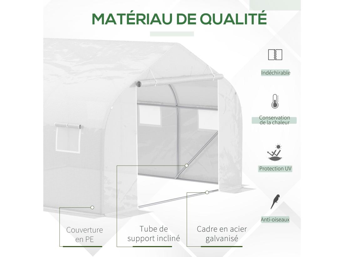 Vente Unique Serre Tunnel De Jardin 3 5 X 3 X 2 M Grande Taille 6 Fenêtres Blanc