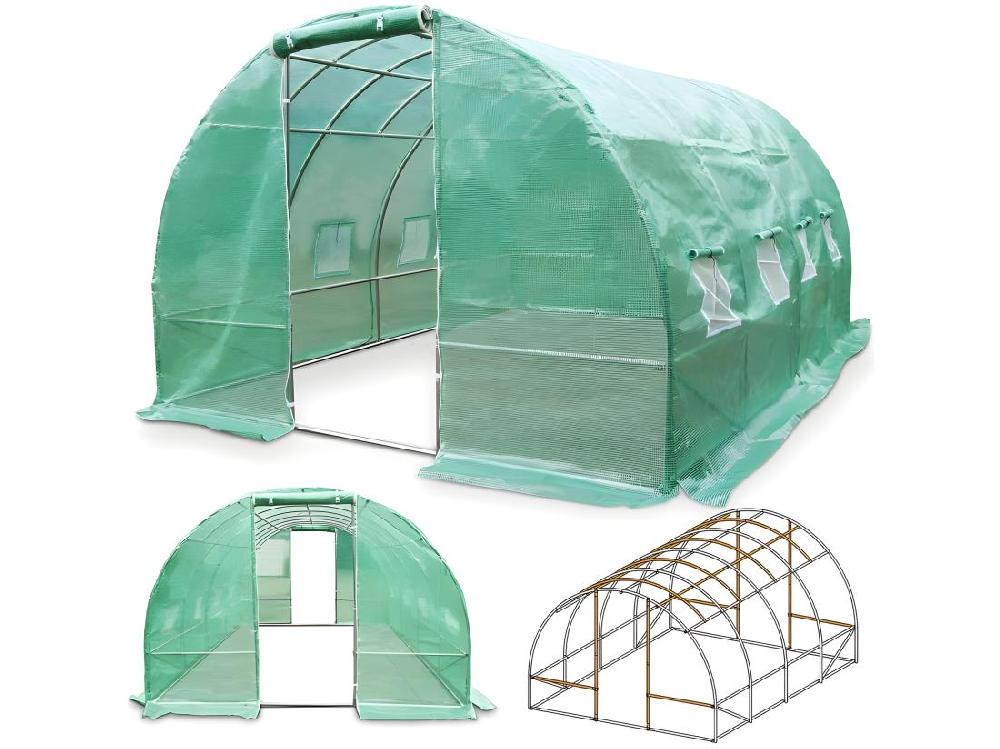Vente Unique Serre Tunnel De Jardin 3x6m En Aluminium Stable Serre Avec Ancrage Au Sol Porte Et Fenêtres Enroulables Pour Jardin