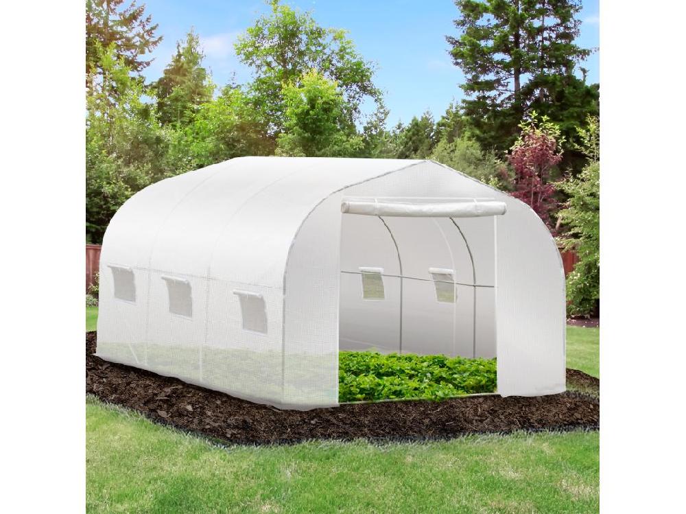 Vente Unique Serre Tunnel De Jardin Dim. 3 5L X 3l X 2H M Porte + 6 Fenêtres Enroulables Acier Galvanisé Bâche PE Haute Densité Blanc