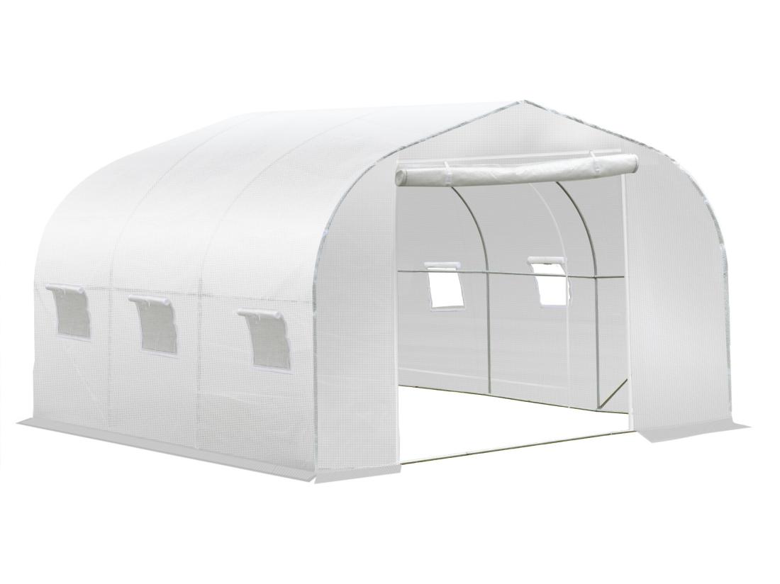 Vente Unique Serre Tunnel De Jardin Dim. 3 5L X 3l X 2H M Porte + 6 Fenêtres Enroulables Acier Galvanisé Bâche PE Haute Densité Blanc