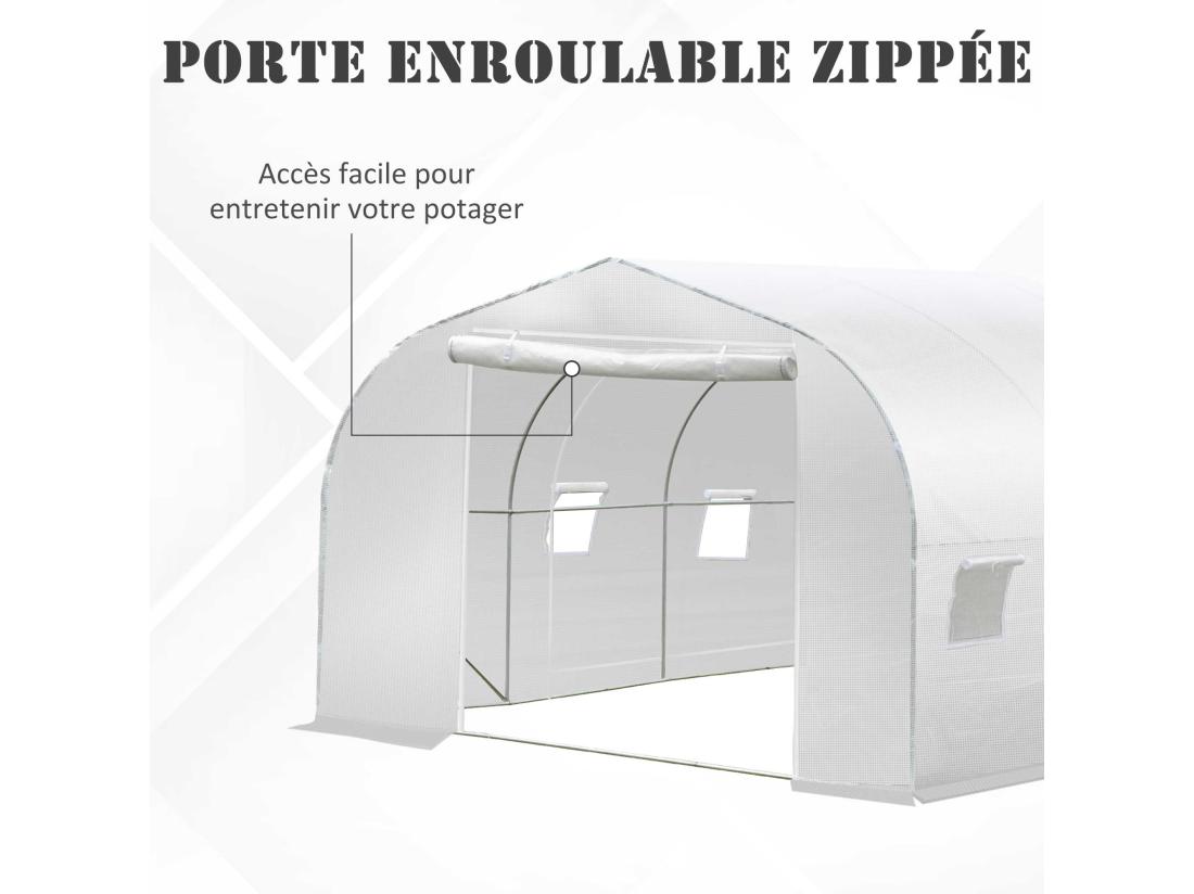 Vente Unique Serre Tunnel De Jardin Dim. 3 5L X 3l X 2H M Porte + 6 Fenêtres Enroulables Acier Galvanisé Bâche PE Haute Densité Blanc