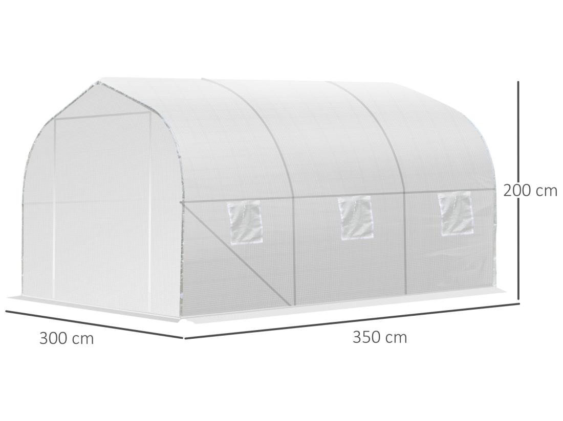 vente unique Serre tunnel de jardin dim. 3 5L x 3l x 2H m porte + 6 fenêtres enroulables acier galvanisé bâche PE haute densité blanc