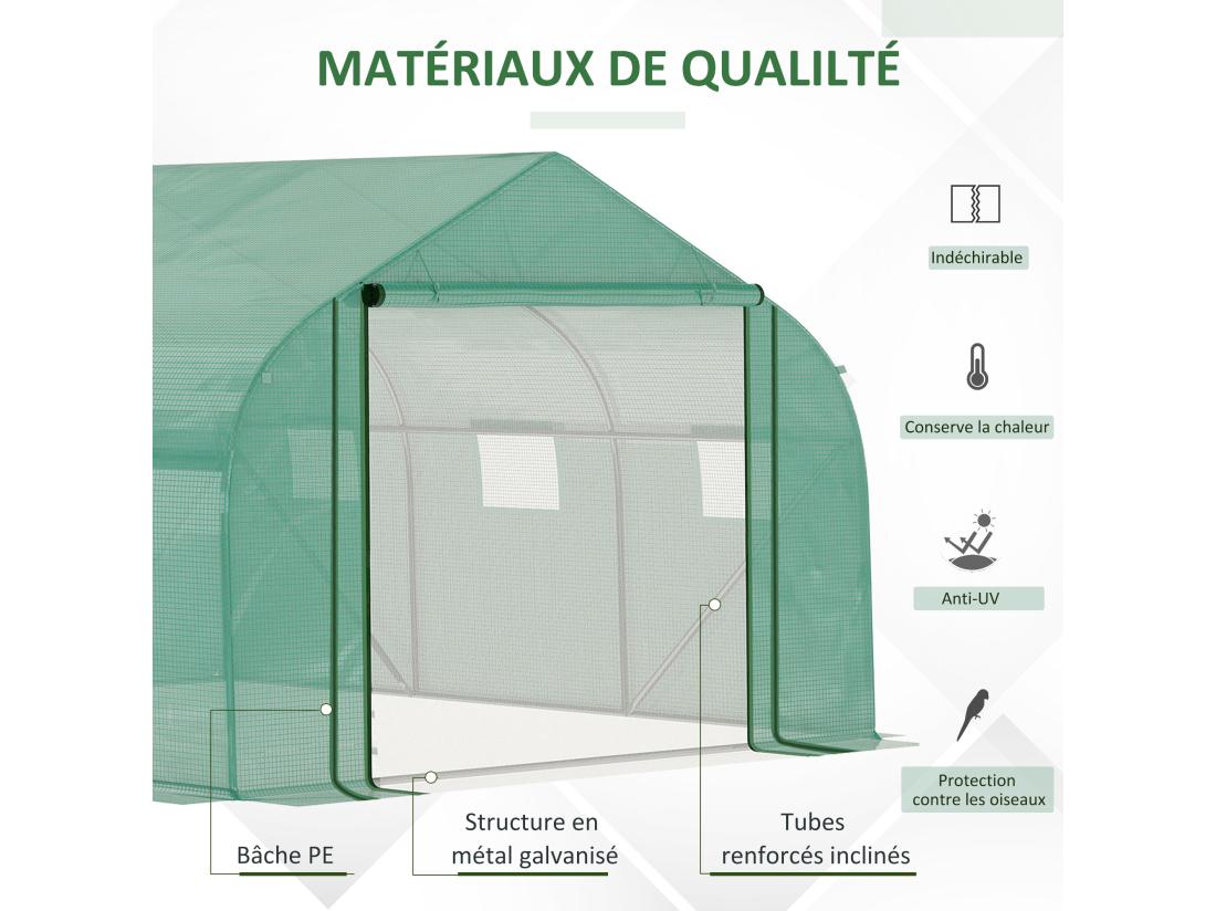 Vente Unique Serre Tunnel De Jardin Grande Taille Dim. 3 47L X 3l X 2H M - 6 Fenêtres Et Porte Zippée Enroulable - Acier Galvanisé PE Haute Densité Vert
