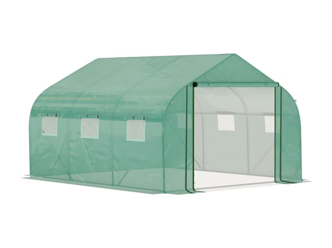 Vente Unique Serre Tunnel De Jardin Grande Taille Dim. 3 47L X 3l X 2H M - 6 Fenêtres Et Porte Zippée Enroulable - Acier Galvanisé PE Haute Densité Vert