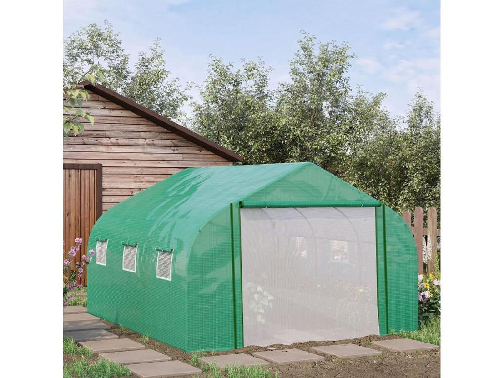 Vente Unique Serre Tunnel De Jardin Grande Taille Dim. 3 47L X 3l X 2H M - 6 Fenêtres Et Porte Zippée Enroulable - Acier Galvanisé PE Haute Densité Vert