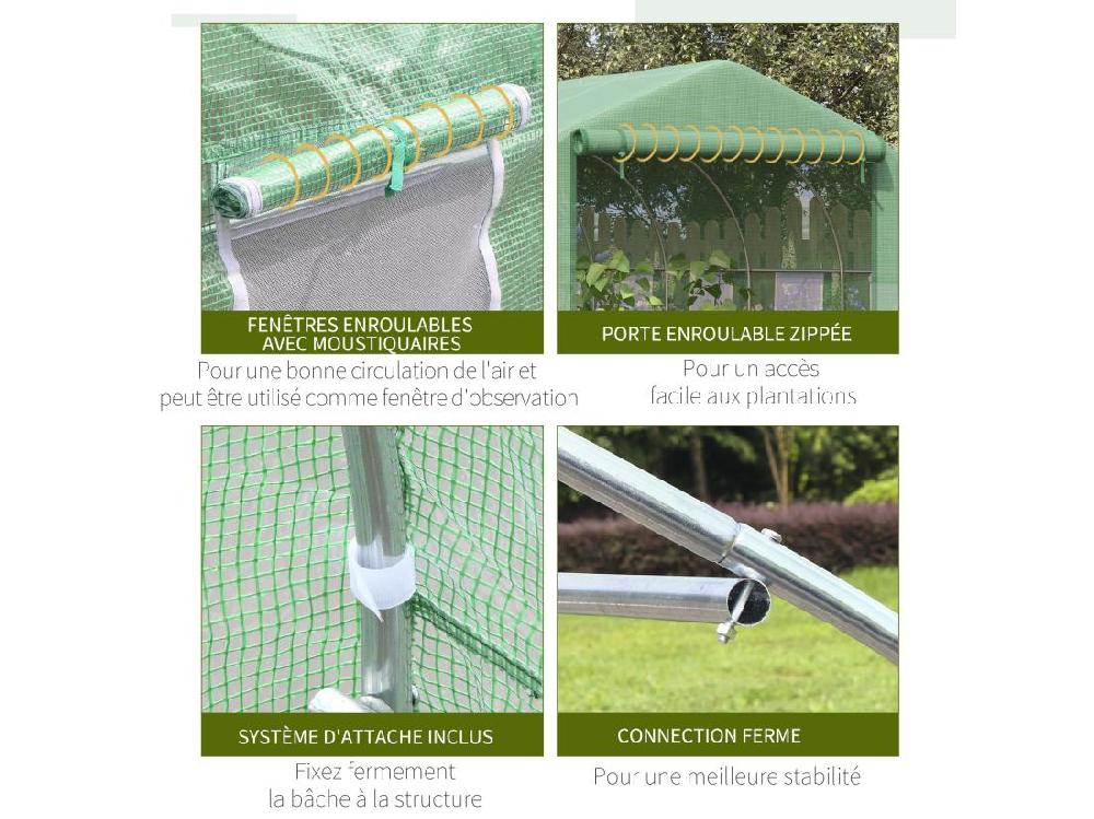 vente unique Serre tunnel de jardin grande taille dim. 3 47L x 3l x 2H m - 6 fenêtres et porte zippée enroulable - acier galvanisé PE haute densité vert