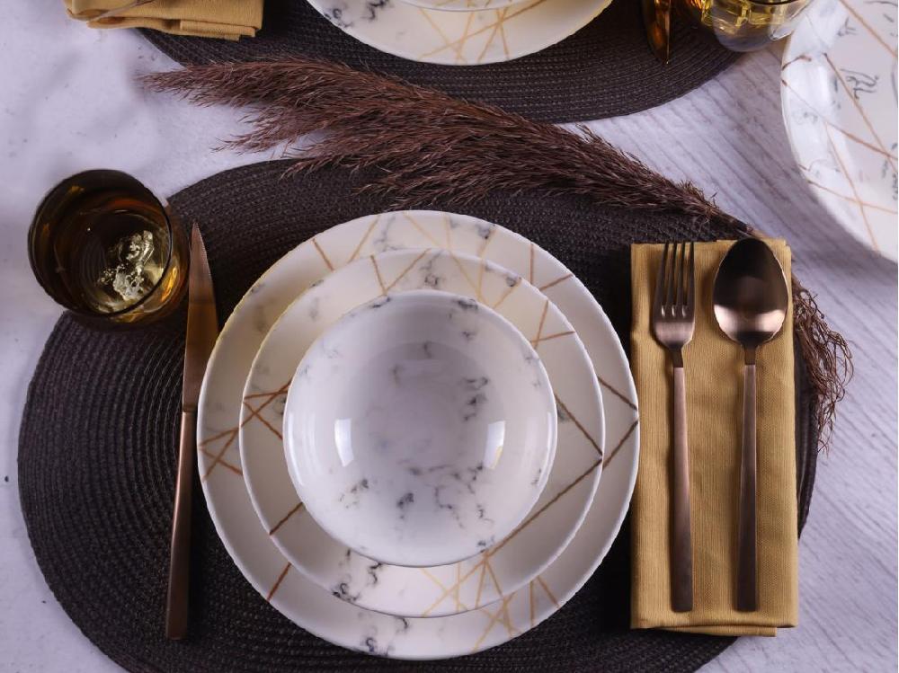 vente unique Service vaisselle 18 pièces en porcelaine - Blanc effet marbre - MURCIA