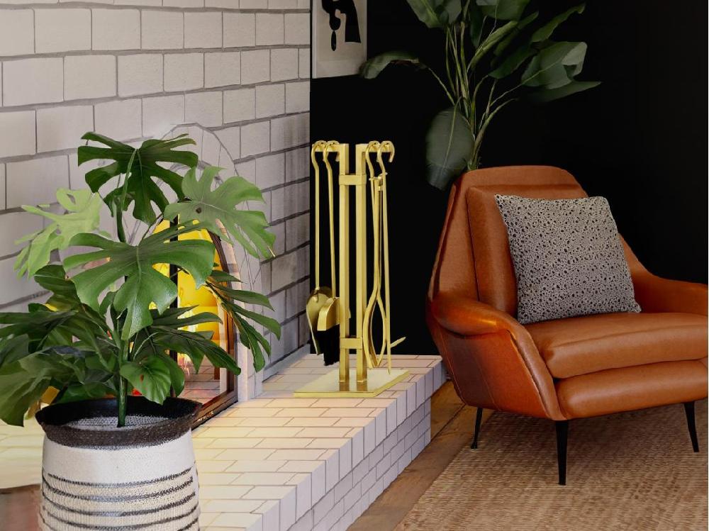 Vente Unique Serviteur De Cheminée 4 Outils En Laiton Doré - L. 25 X P. 15 X H. 60 Cm - ASSIOUT