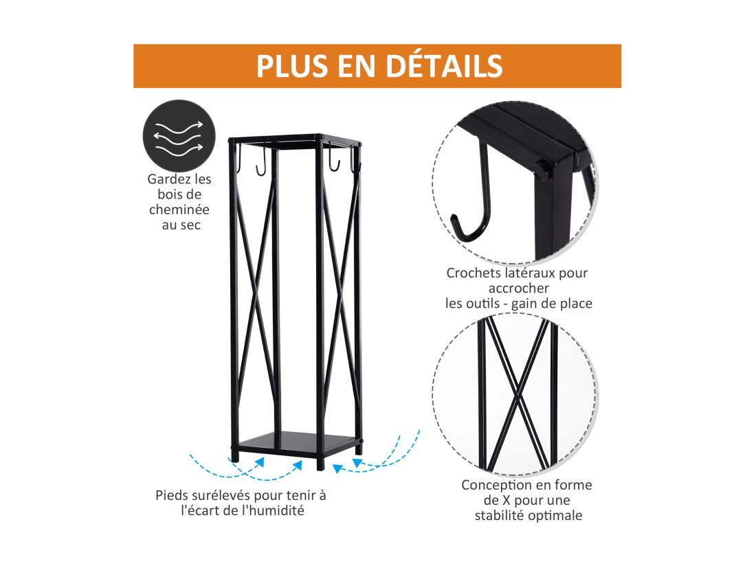 Vente Unique Serviteur De Cheminée Colonne - Porte Bûches - Range Bûches Multi Accessoires Dim. 34L X 34l X 111H Cm Métal Noir
