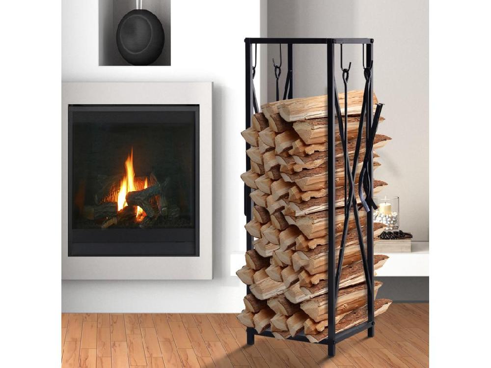 vente unique Serviteur de cheminée colonne - porte bûches - range bûches multi accessoires dim. 34L x 34l x 111H cm métal noir