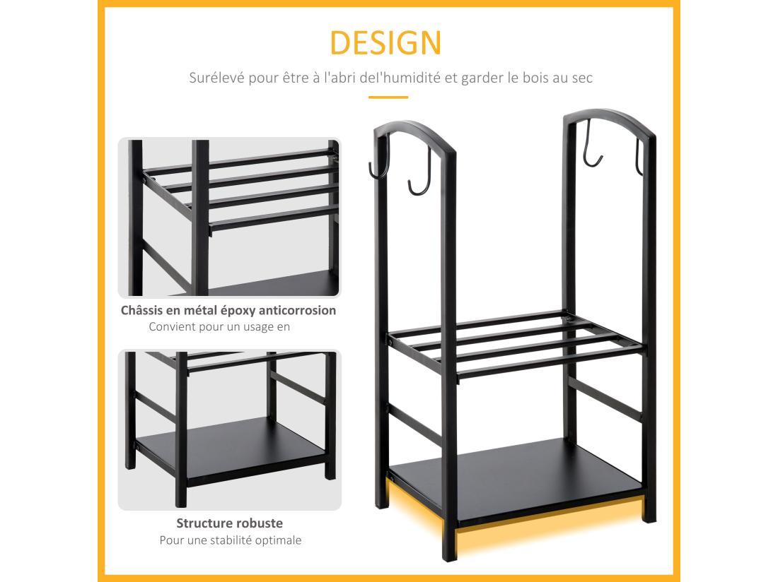 Vente Unique Serviteur De Cheminée - Porte Bûches - Range Bûches Multi Accessoires 2 étagères 40L X 30l X 75H Cm Métal Noir