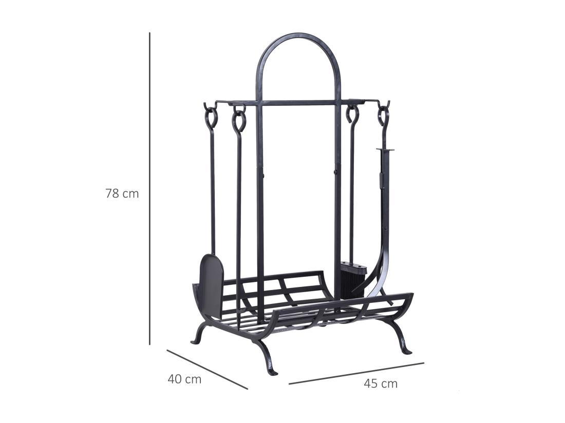 Vente Unique Serviteur De Cheminée - Porte Bûches - Range Bûches Multi Accessoires Dim. 45L X 40l X 78H Cm Métal Noir