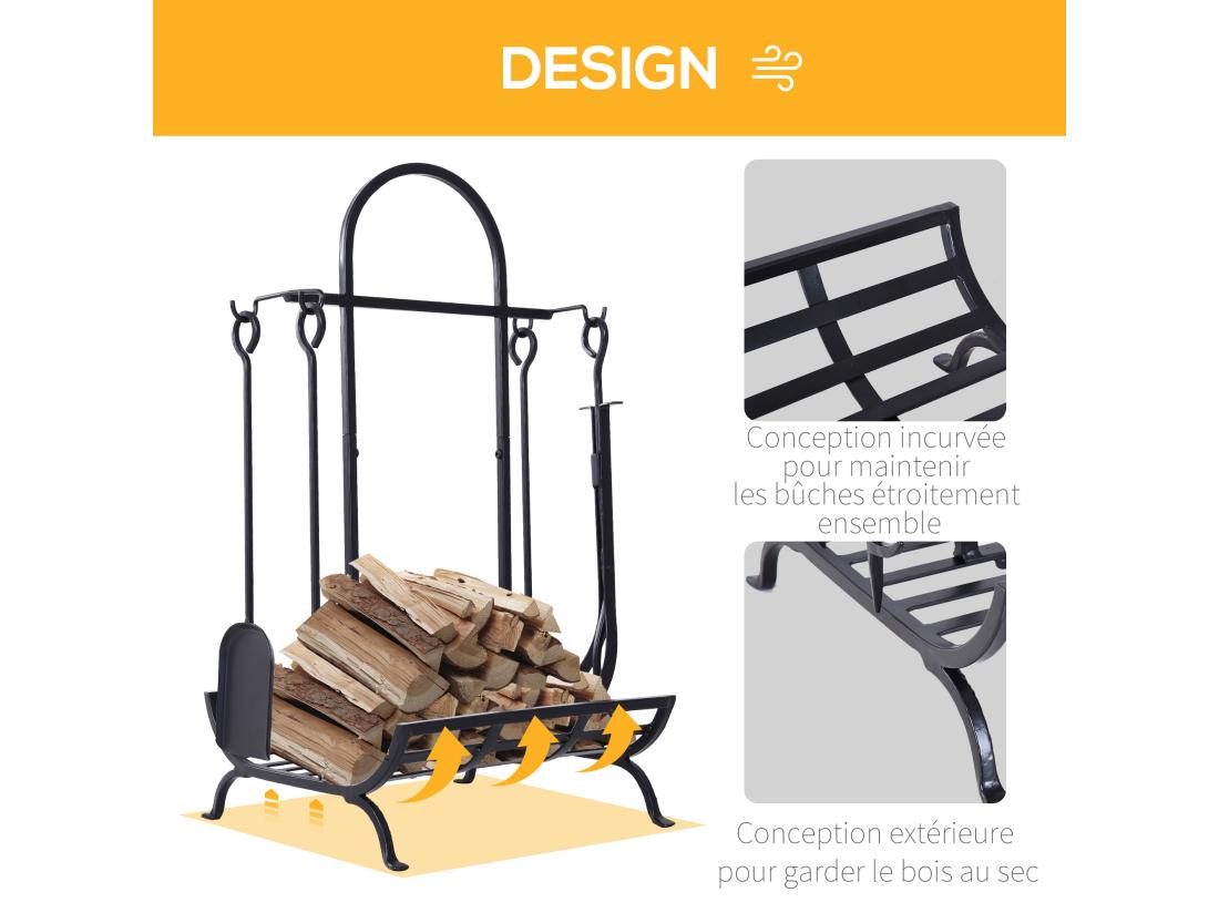 Vente Unique Serviteur De Cheminée - Porte Bûches - Range Bûches Multi Accessoires Dim. 45L X 40l X 78H Cm Métal Noir