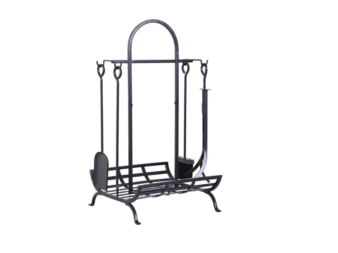 vente unique Serviteur de cheminée - porte bûches - range bûches multi accessoires dim. 45L x 40l x 78H cm métal noir