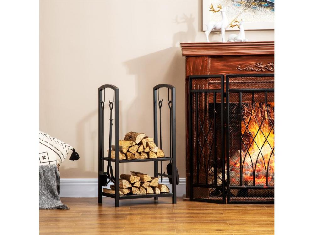 vente unique Serviteur de cheminée - porte bûches - range bûches multi accessoires 2 étagères 40L x 30l x 75H cm métal noir