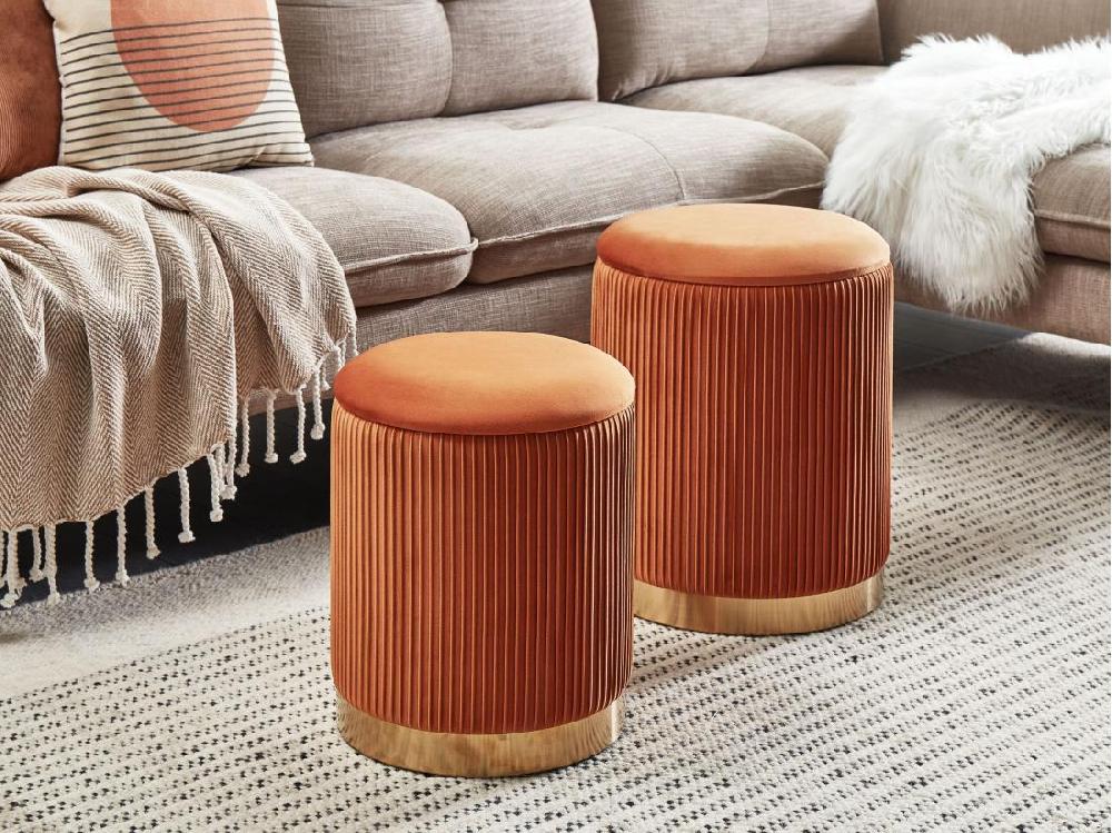 vente unique Set de 2 poufs en velours orange avec rangement MIRAMAR