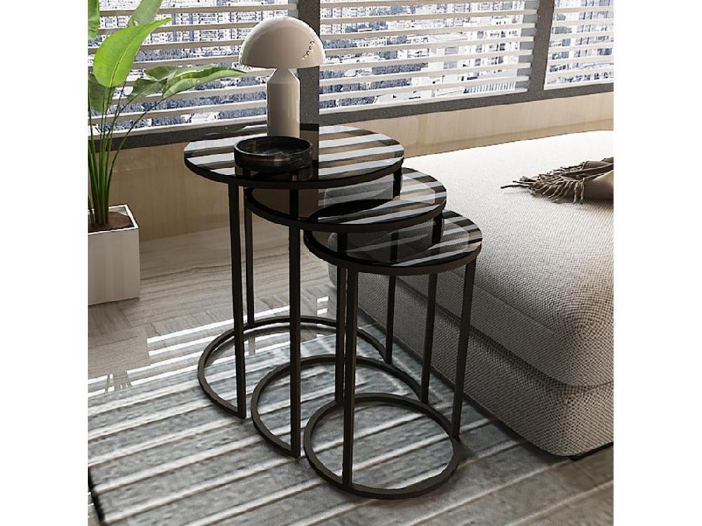 Vente Unique Set De 3 Tables D'appoint Kyyjärvi Rondes Gigognes Noir Transparent [en.casa]