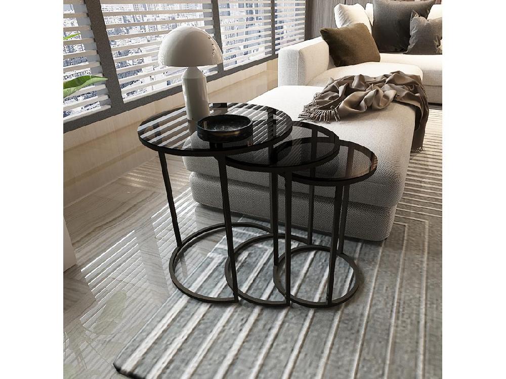 vente unique Set de 3 tables d'appoint Kyyjärvi rondes gigognes noir transparent [en.casa]