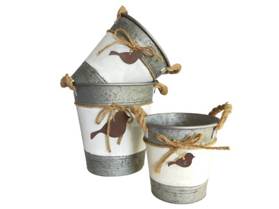 Vente Unique ~Set3 Jardinières Extérieures Bassines Sceaux Métal Gris 21.5-26-29cm