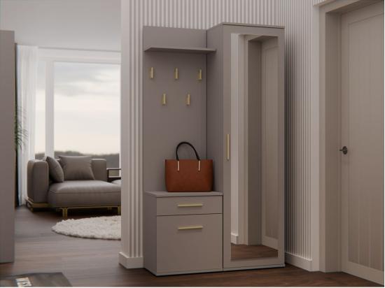 vente unique SHEILA - Vestiaire d'entrée avec miroir - Armoire + porte-manteau - Rangements chaussures - Gris