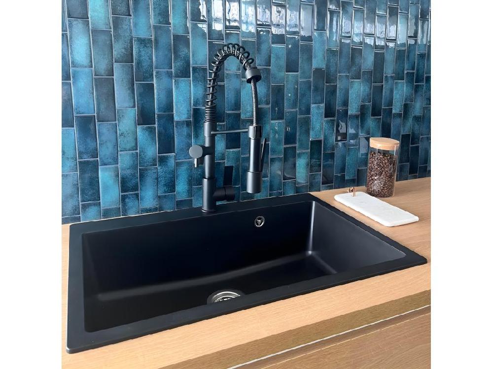 Vente Unique Sierra évier 1 Grande Cuve Seule 76x50 En Résine Noir - Essebagno