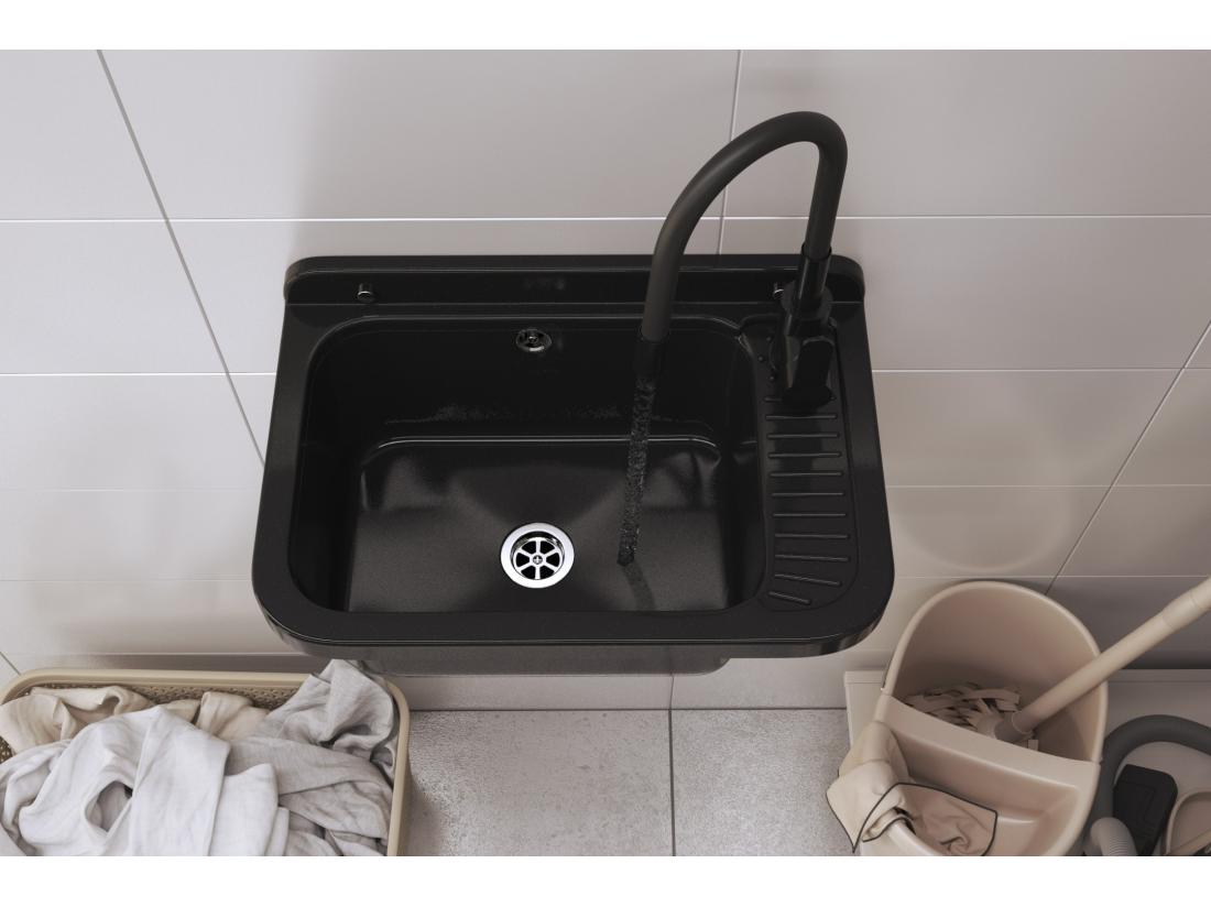 Vente Unique SINKWASHER évier Noir Compartiment Technique POLO BATTERY SIPHONE