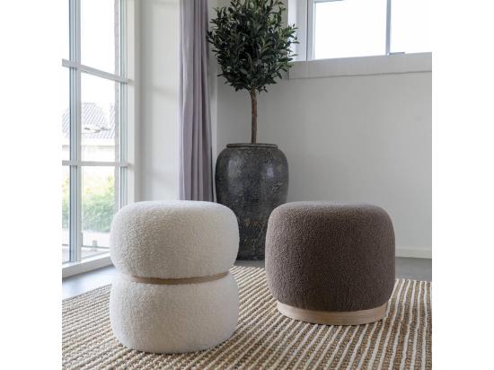 vente unique SNOVIK - Pouf Rond en Tissu Bouclé Blanc Ceinturé en MDF
