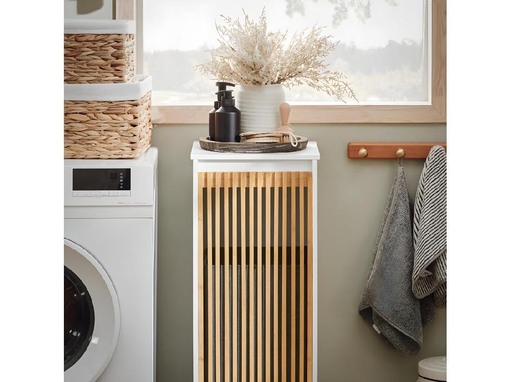 Vente Unique SoBuy Armoire à Linge Meuble Bas De Salle De Bain Meuble De Rangement Avec 1 Panier à Linge Amovible Corbeille à Linge Porte En Bambou 32x33x85 Cm BZR126-W