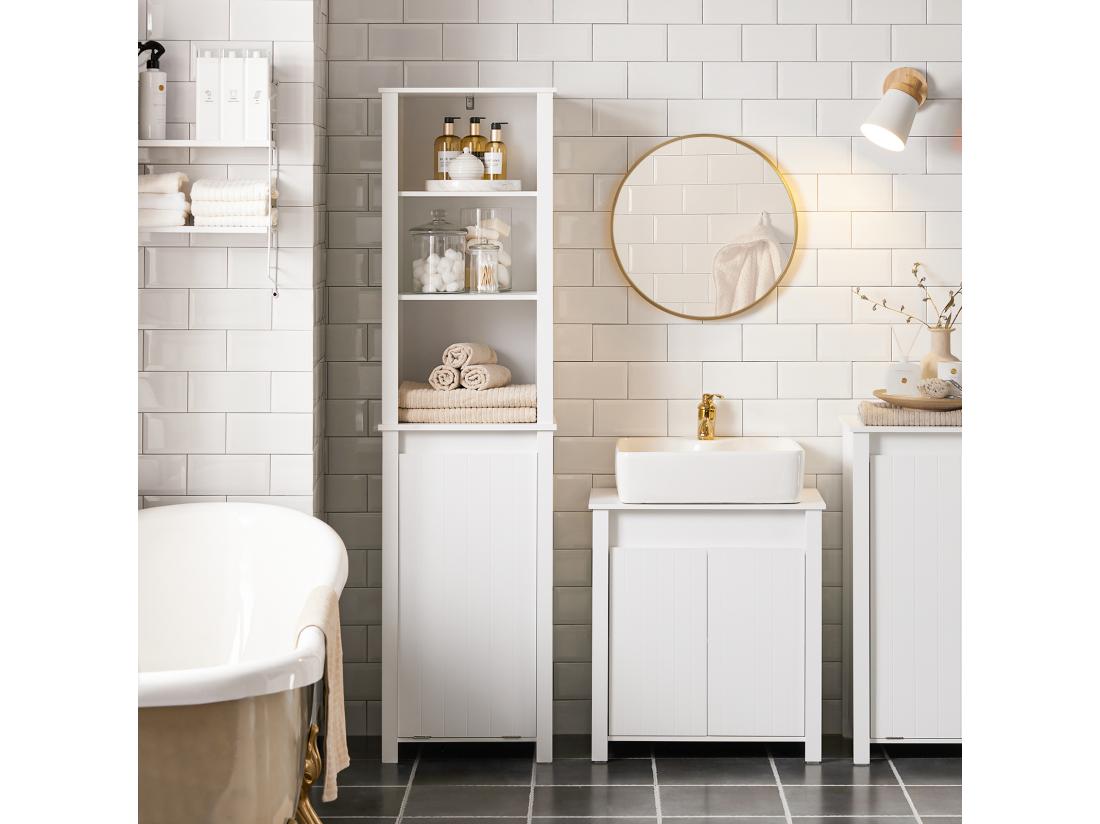 Vente Unique SoBuy BZR102-W Meuble Colonne De Salle De Bain Armoire Haute Colonne De Rangement Meuble Salle De Bain 3 Étagères 1 Panier à Linge Amovible
