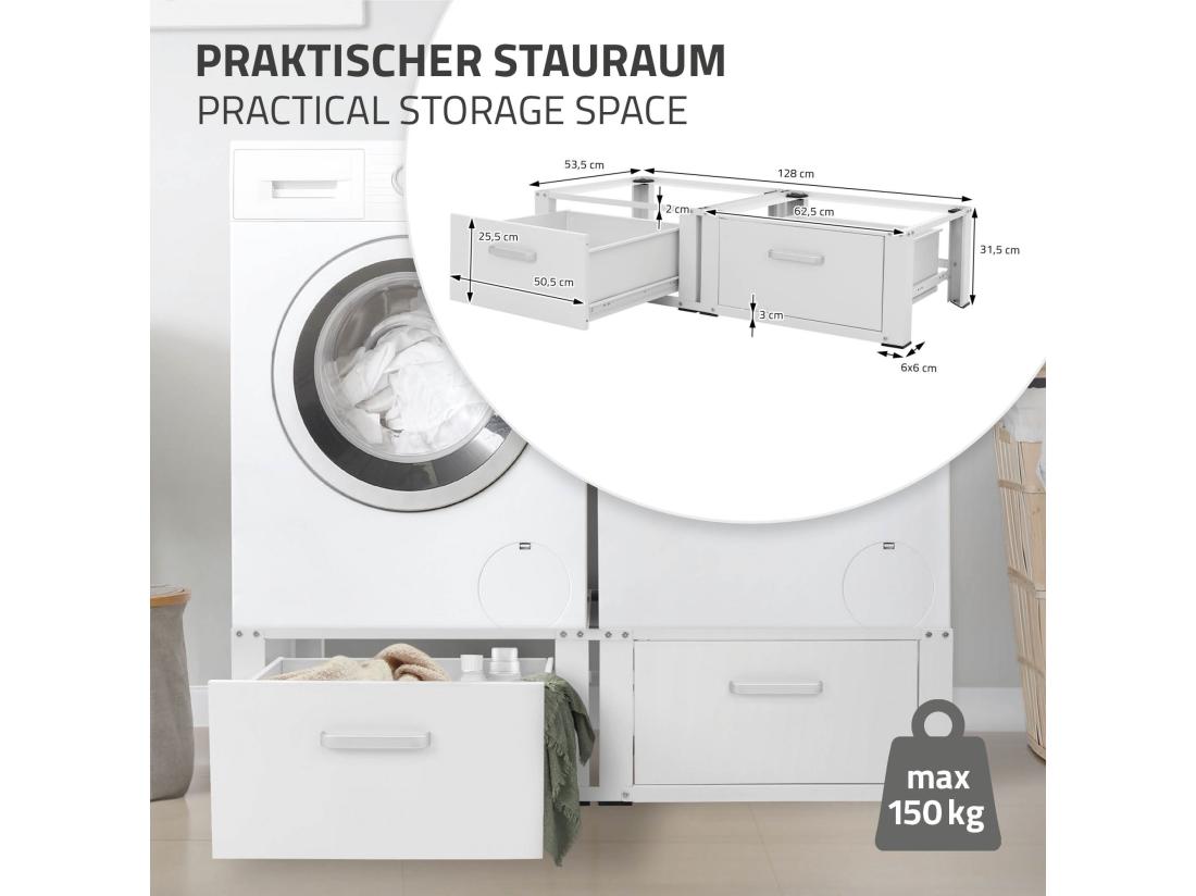 Vente Unique Socle Machine à Laver Double Avec Tiroirs Base Sèche-linge Blanc ML-DESIGN