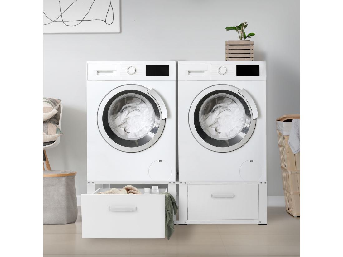 Vente Unique Socle Machine à Laver Double Avec Tiroirs Base Sèche-linge Blanc ML-DESIGN