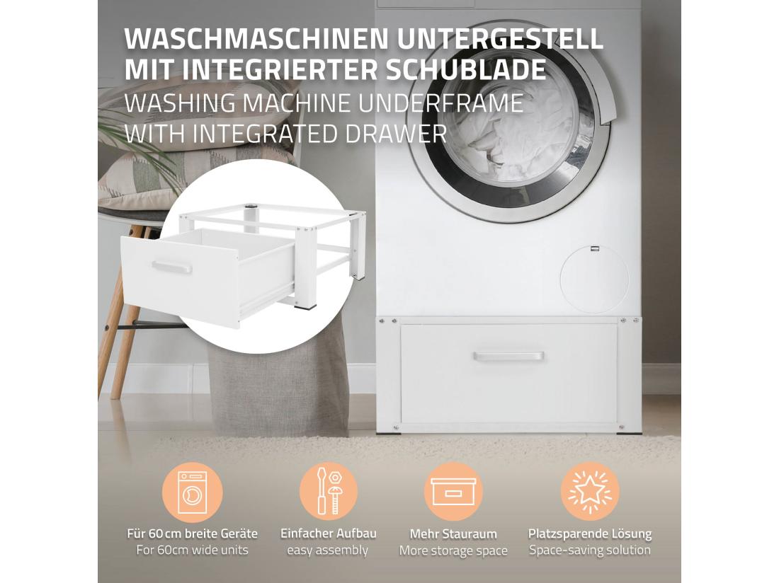 Vente Unique Socle Pour Machine à Laver En Acier Blanc Accessoire Avec Tiroir ML-Design