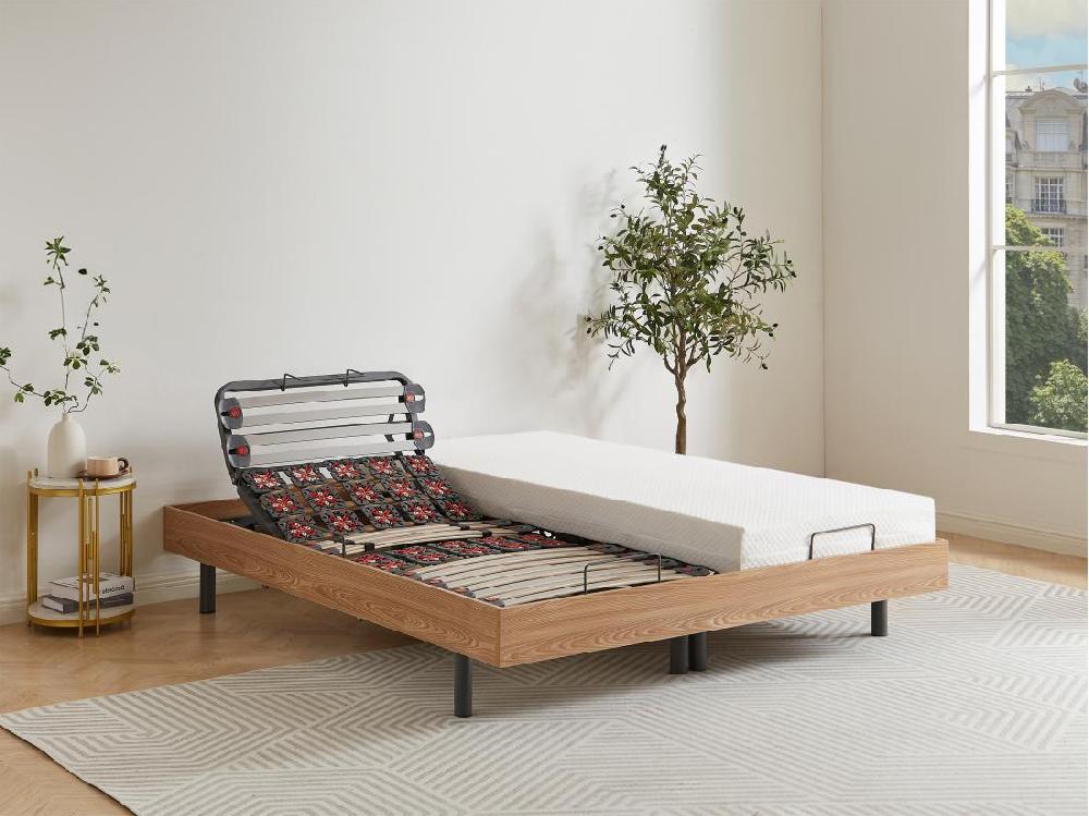 Vente Unique Sommier électrique De Relaxation Déco Lattes Et 2x30 Plots - 2 X 90 X 200 Cm - Chêne Naturel - CISERANO De DREAMEA