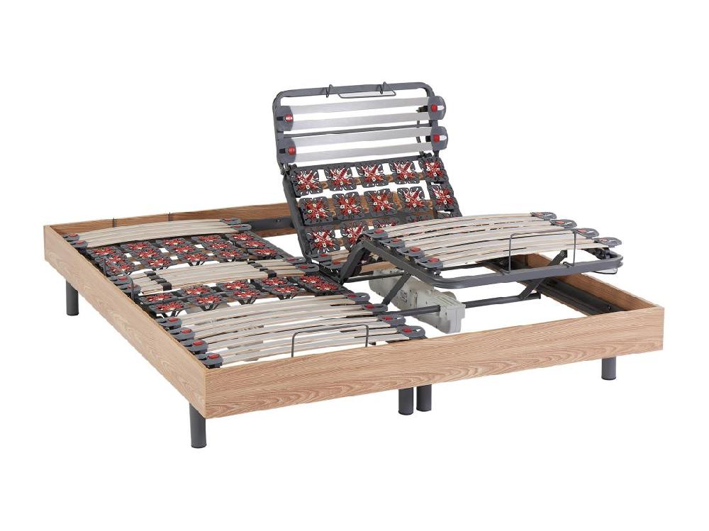 vente unique Sommier électrique de relaxation déco lattes et 2x25 plots - 2 x 80 x 200 cm - Chêne naturel - CISERANO de DREAMEA