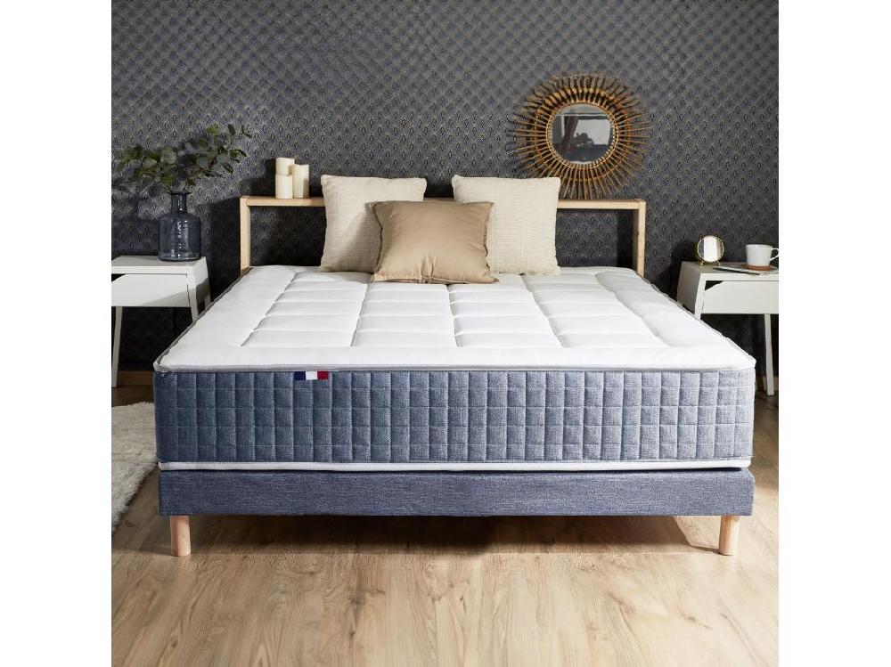 Vente Unique Sommier Tapissier à Lattes Bleu Denim Made In France Dimensions - 140 X 190 Cm