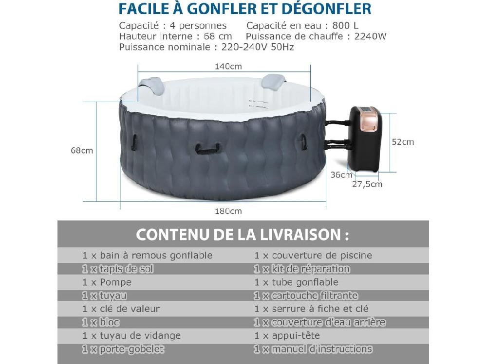 Vente Unique Spa Gonflable 2 à 4 Personnes 180 X 68 CM Spa Rond Portable Avec 108 Jets De Massage Filtration à Cartouche Et Bâche De Protection Pour Le Spa Gris (avec Appui-tête Et Porte-gobelet)