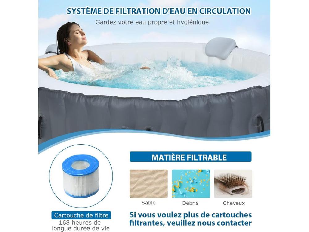 Vente Unique Spa Gonflable 2 à 4 Personnes 180 X 68 CM Spa Rond Portable Avec 108 Jets De Massage Filtration à Cartouche Et Bâche De Protection Pour Le Spa Gris (avec Appui-tête Et Porte-gobelet)